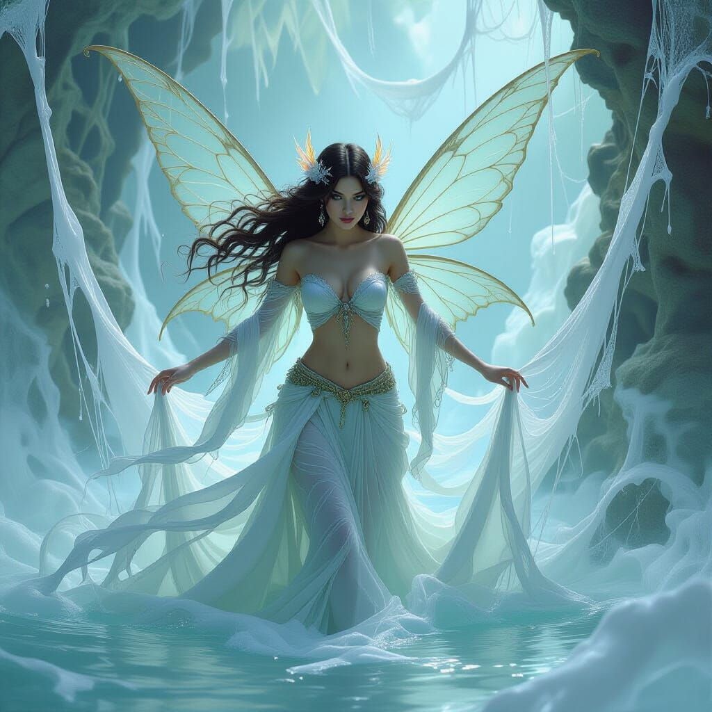 Fairy Emerges from Web Pool in Oil Painting Style