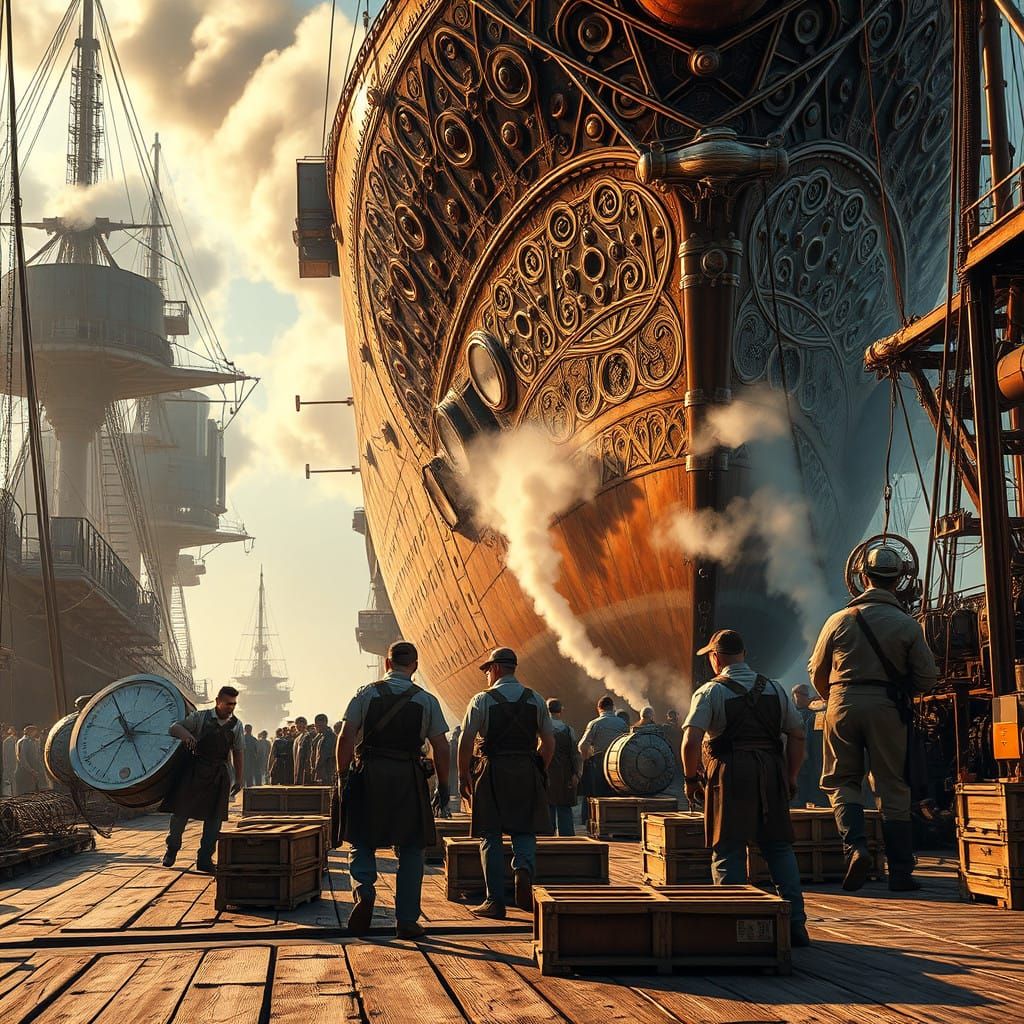 Steampunk Spacecraft Unloads Cargo in Golden Light