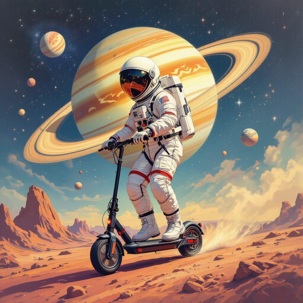 Astronaut Man with Saturn Head Falls on Cosmic Ground