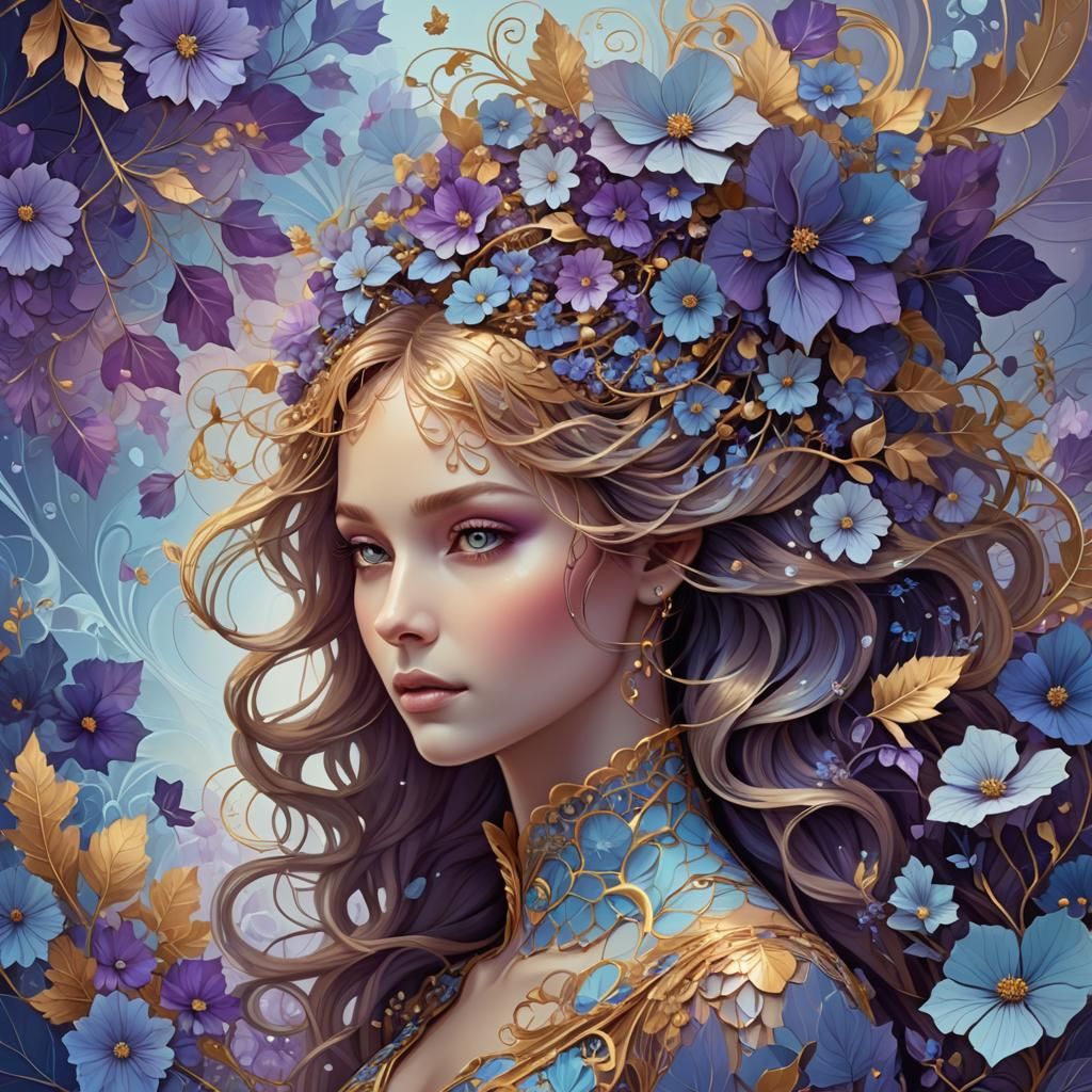 Ethereal Woman Surrounded by Fractal Autumn Flowers