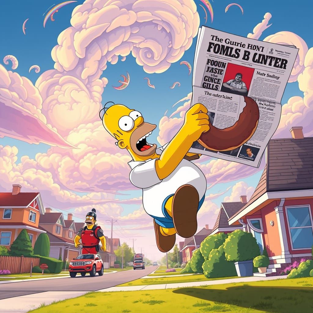 Homer Simpson Leaps for Morning Newspaper in Vibrant, Cyberp...