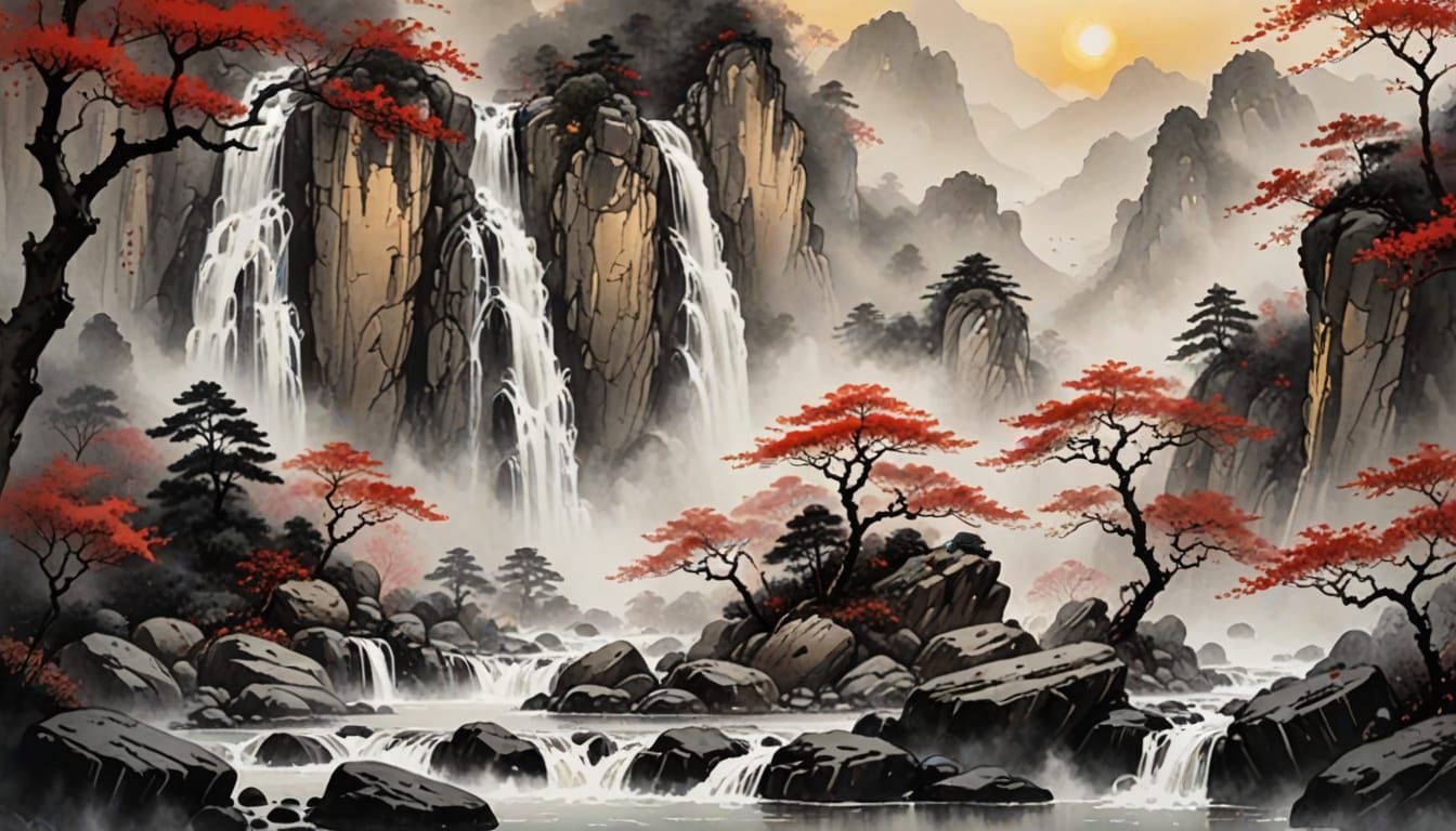 Misty Mountain Waterfall in Chinese Watercolor Painting