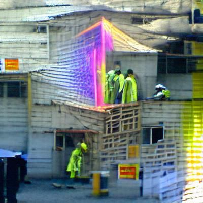 Construction Workers Building with Iridescent Style