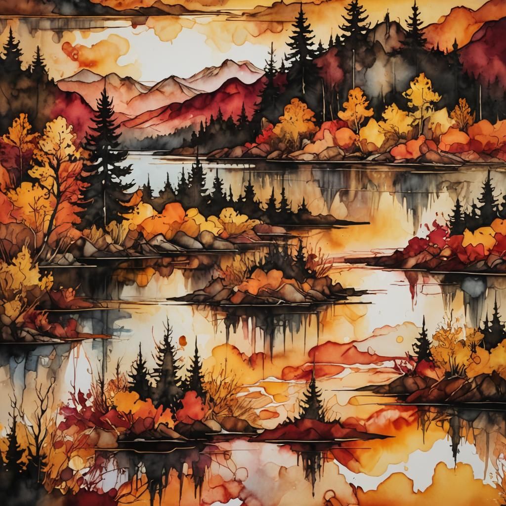 Vibrant Alcohol Ink Autumn Landscape Painting