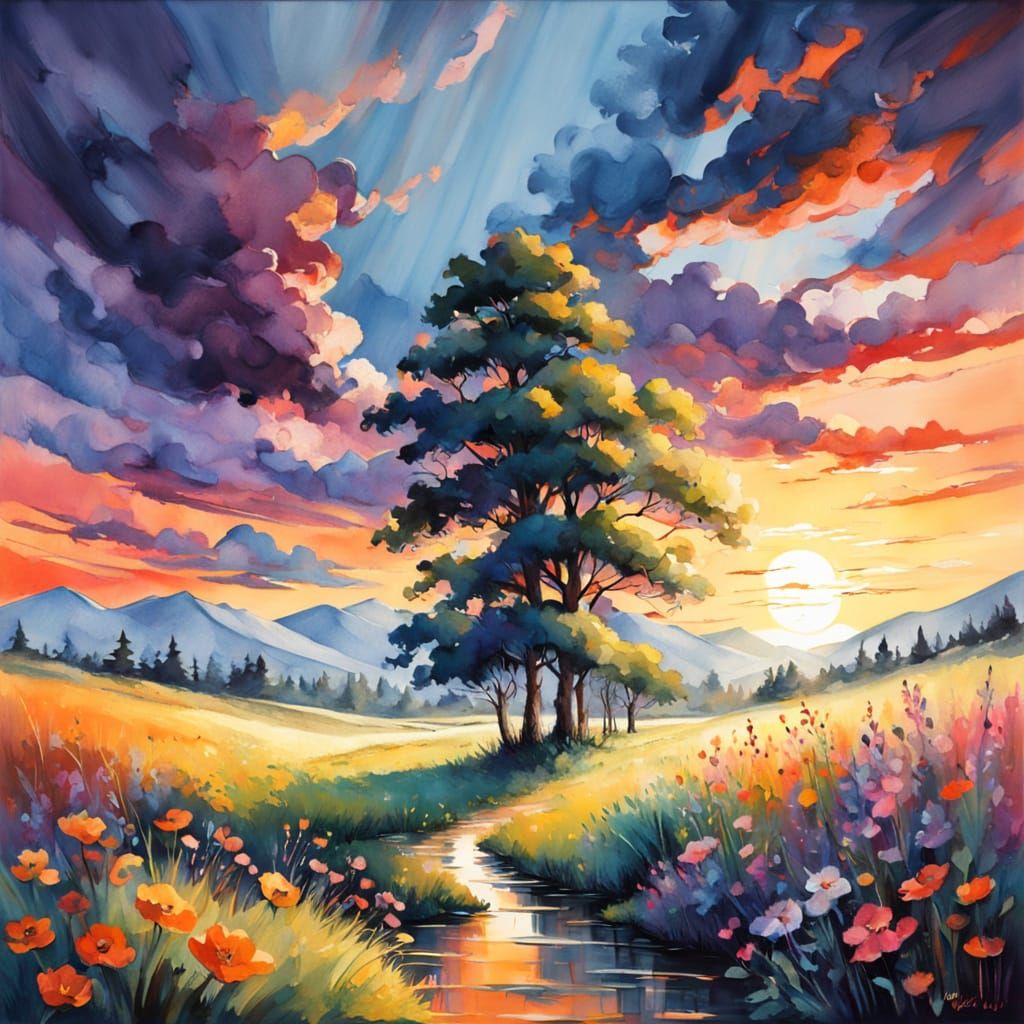 Vibrant Watercolor Meadow at Sunset