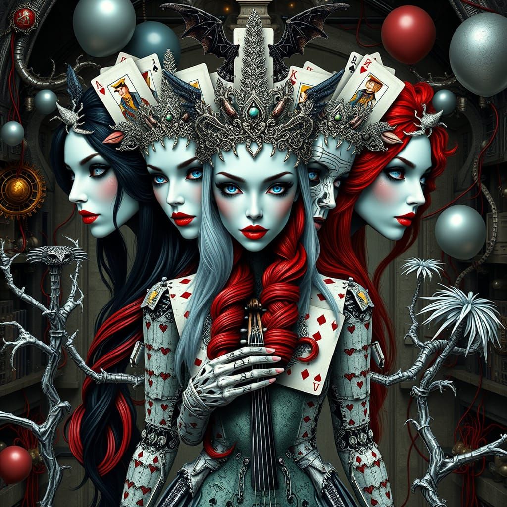 Chimeric Woman with Three Heads in Steampunk Lab