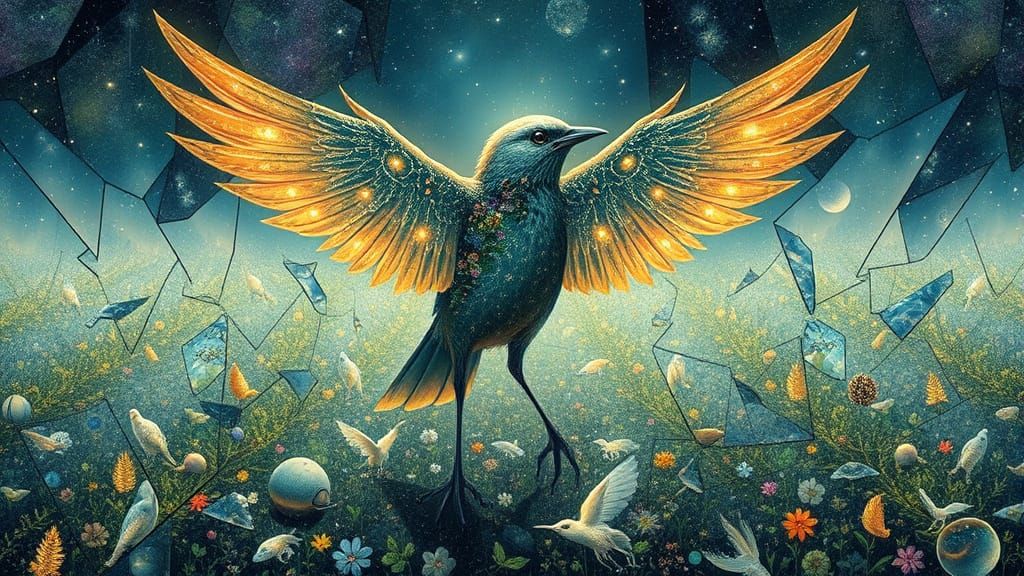 Bird with Wings of Light in Shattered Mirror Field