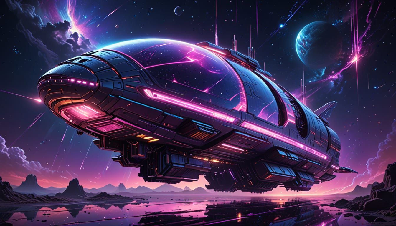 Surreal Retro-Futuristic Spacecraft in Electric Cosmos