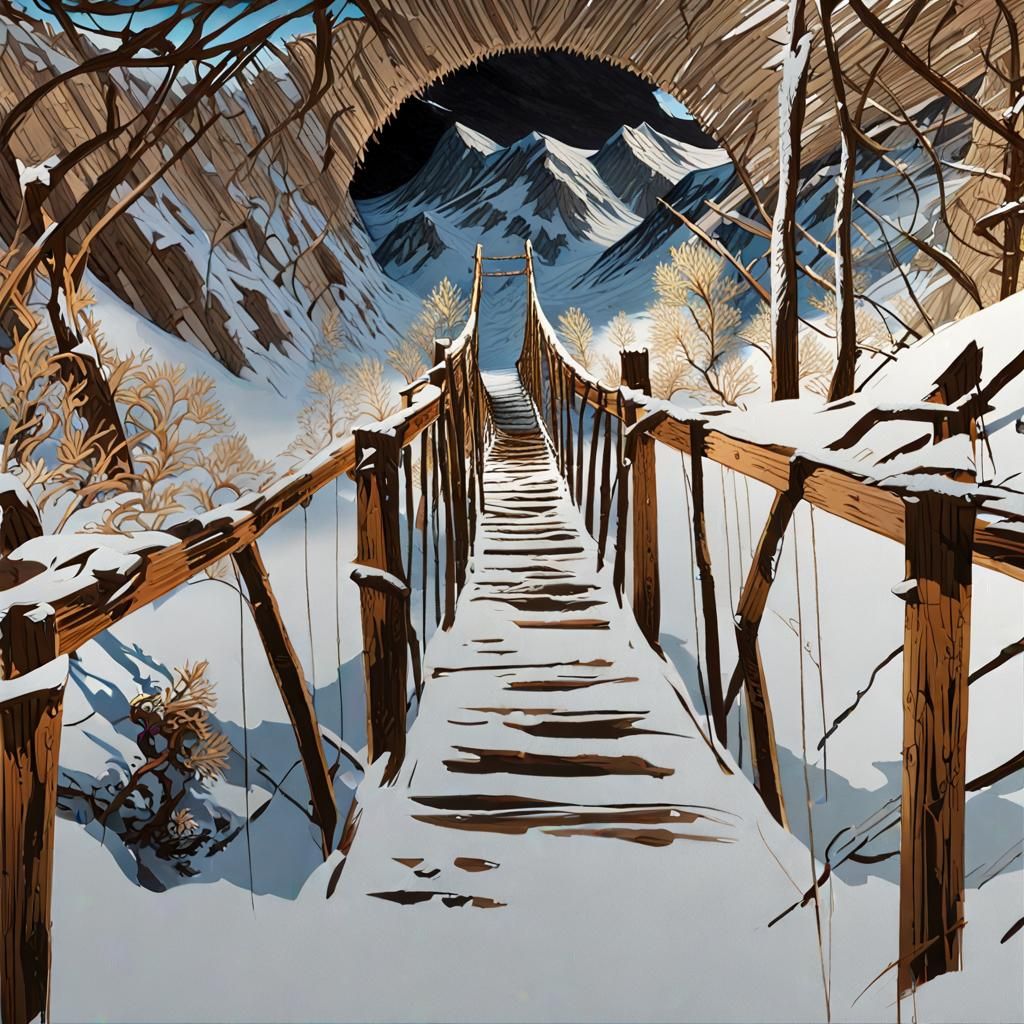 Detailed Snow Bridge Landscape in Photorealistic Style