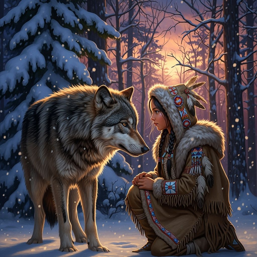 Native Girl and Wolf in Snowy Forest at Sunset
