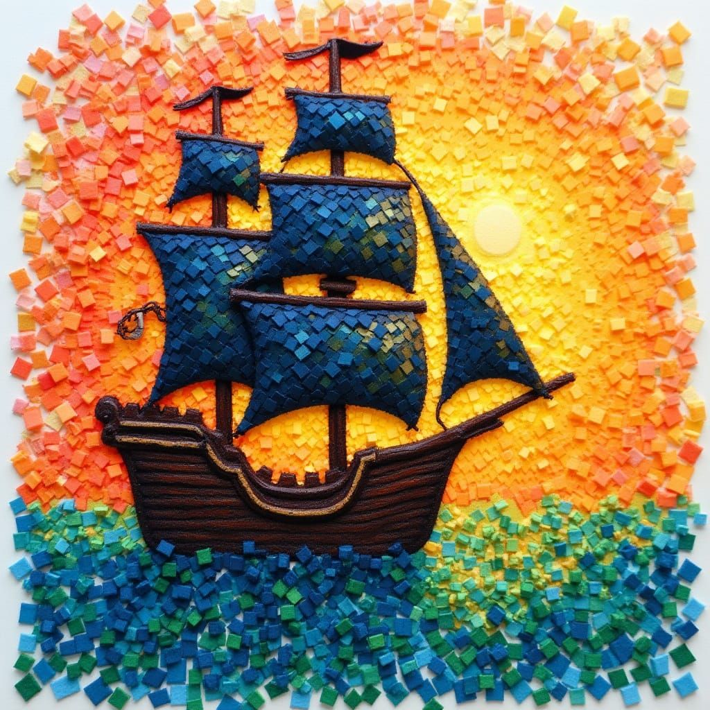 Pirate Ship Made from Colorful Sponge-Dabs in Dry Brush Styl...