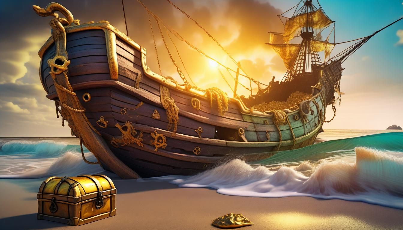 Shipwrecked Pirate Ship Treasure on Seashore