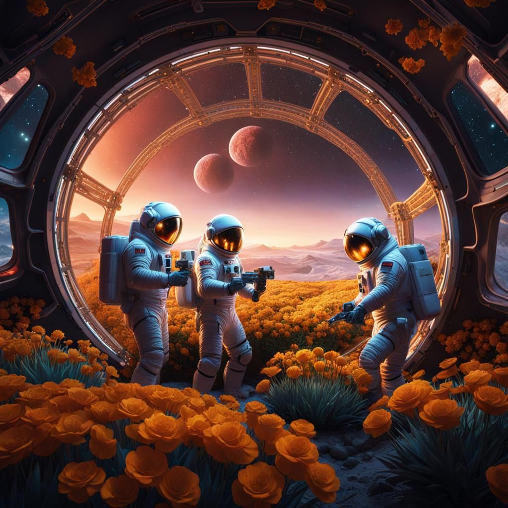Lunar Gardeners: Men Tending Flowers on the Moon