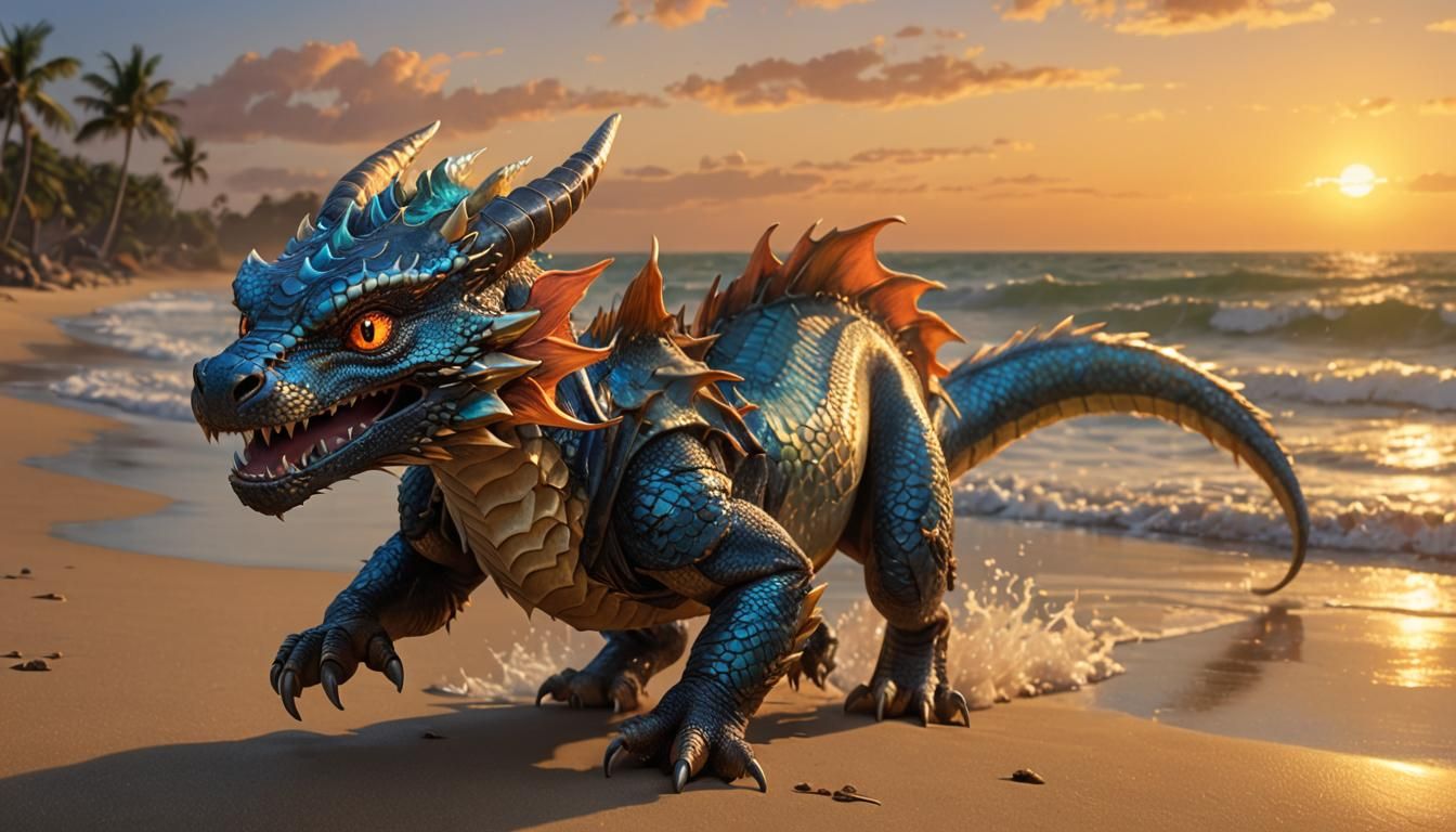 Adorable Anime Dragon Running on Sunset Beach