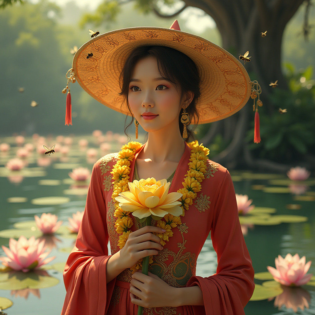 Thai Woman in Traditional Summer Dress, Serene Lake and Trop...