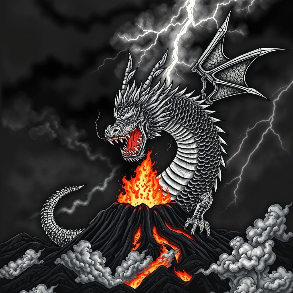 Japanese Dragon Erupts from Volcano in Fiery Glory