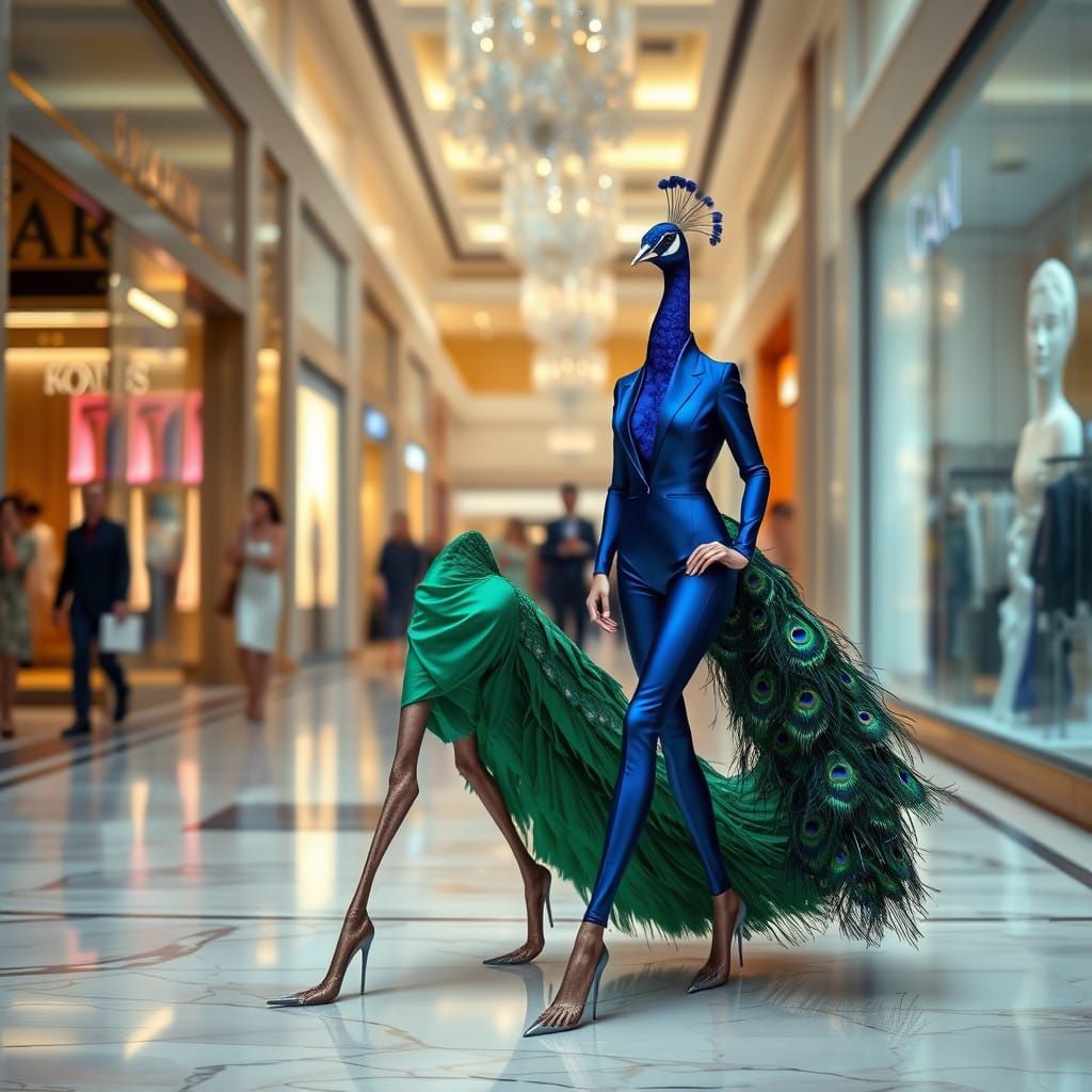 Sleek Peacocks Walk Opulently Through a Bustling Shopping Ma...