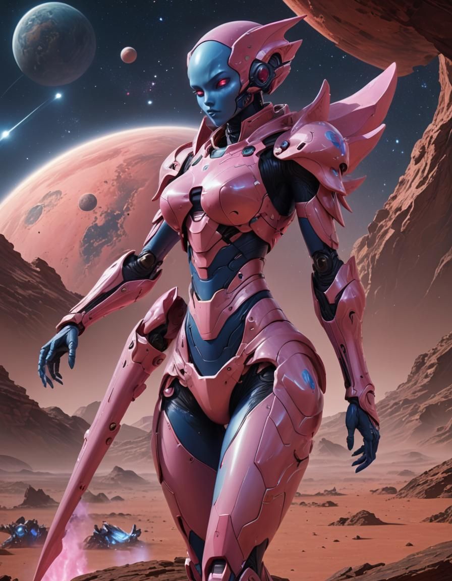 Blue Alien Girl in Pink Armor on Red Planet