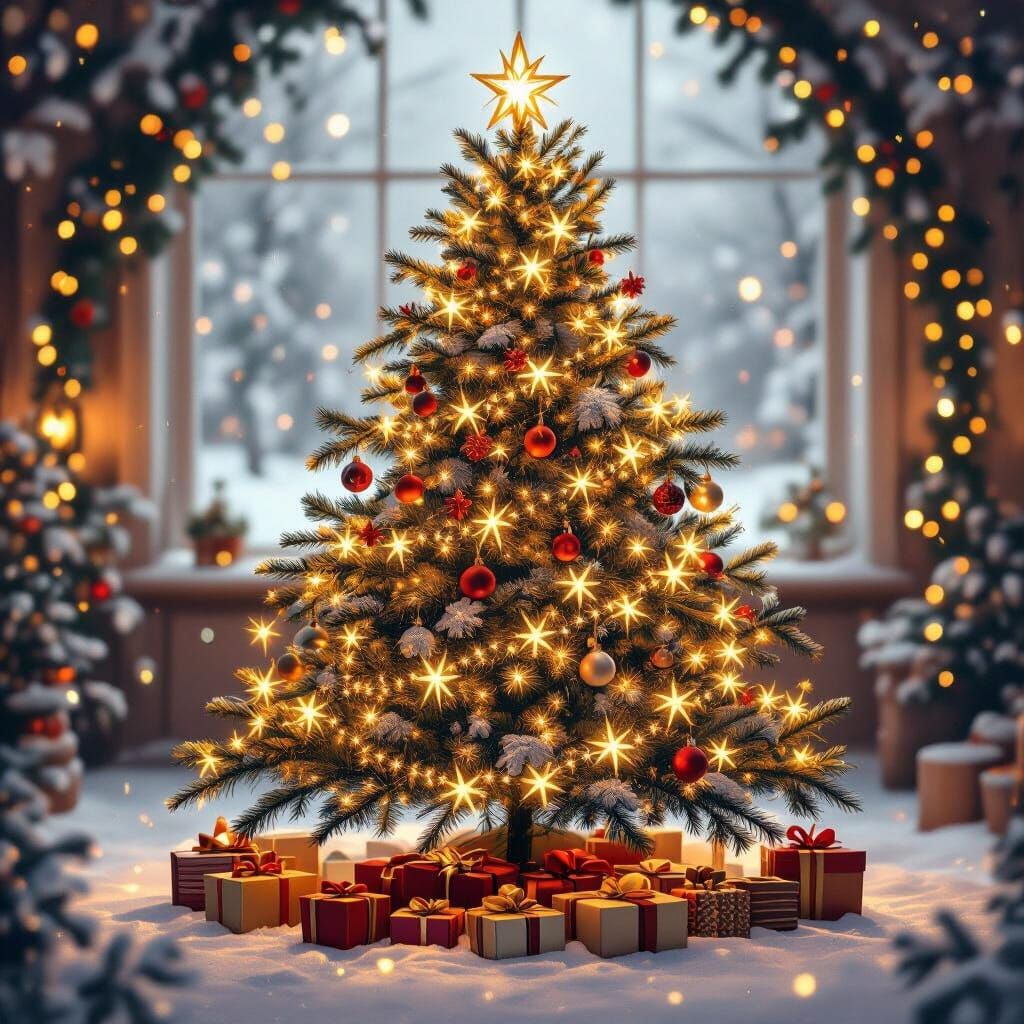 Charcoal Drawing: Decorated Christmas Tree in Cozy Winter Sc...