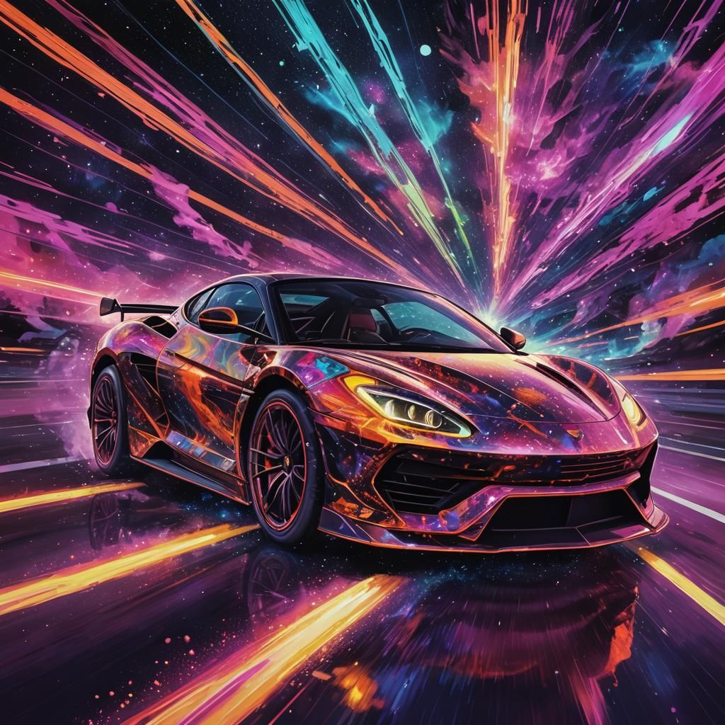 Cosmic Supercar Drives Through Galaxy in Psychedelic Art
