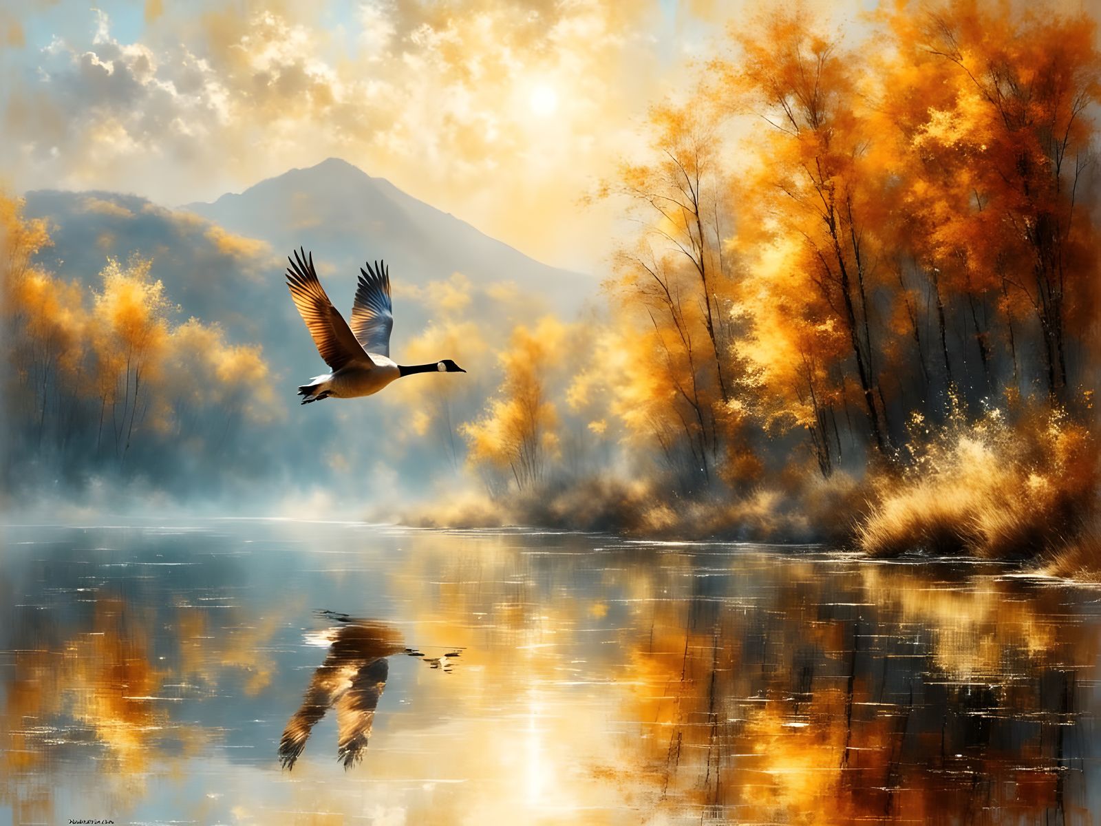 Ethereal Canadian Goose Soars Over Golden Fall Lake