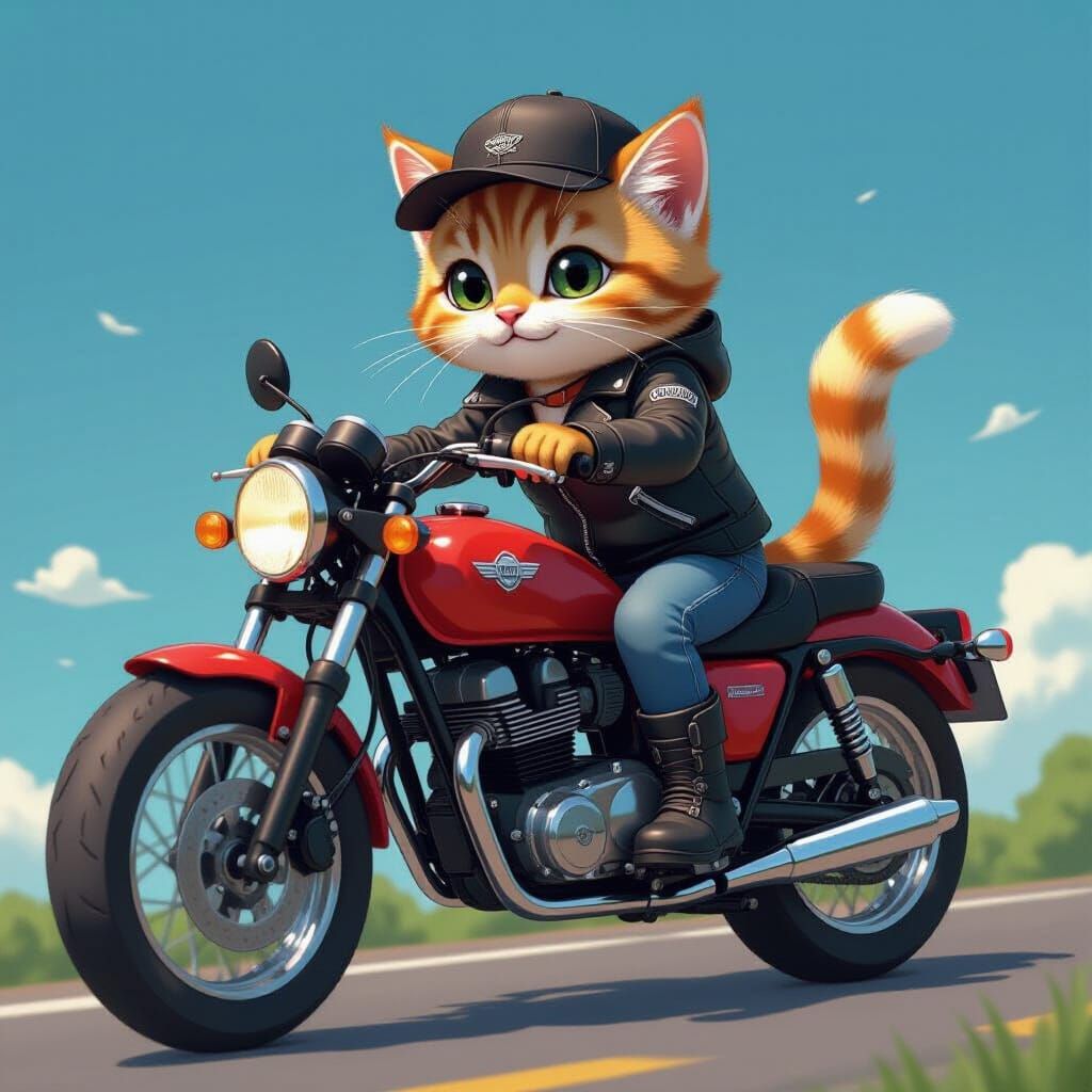 Cute Biker Kitten on Motorcycle, Cel-Shaded Digital Art