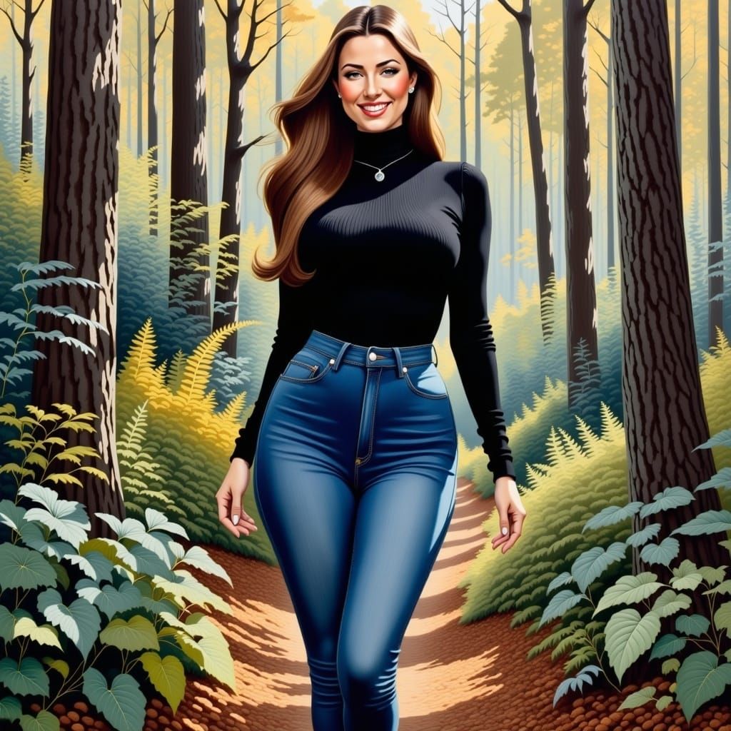 Brunette Lady Exploring Mystic Garden as Oil Painting
