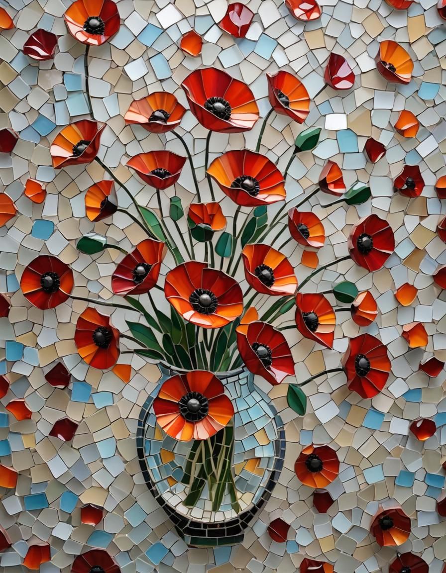 Colorful Poppy Mosaic in Cracked Glass Vase