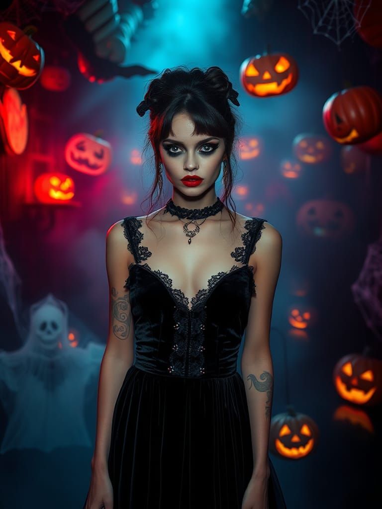 Goth Girl at Spooky Halloween Party in Digital Art Style