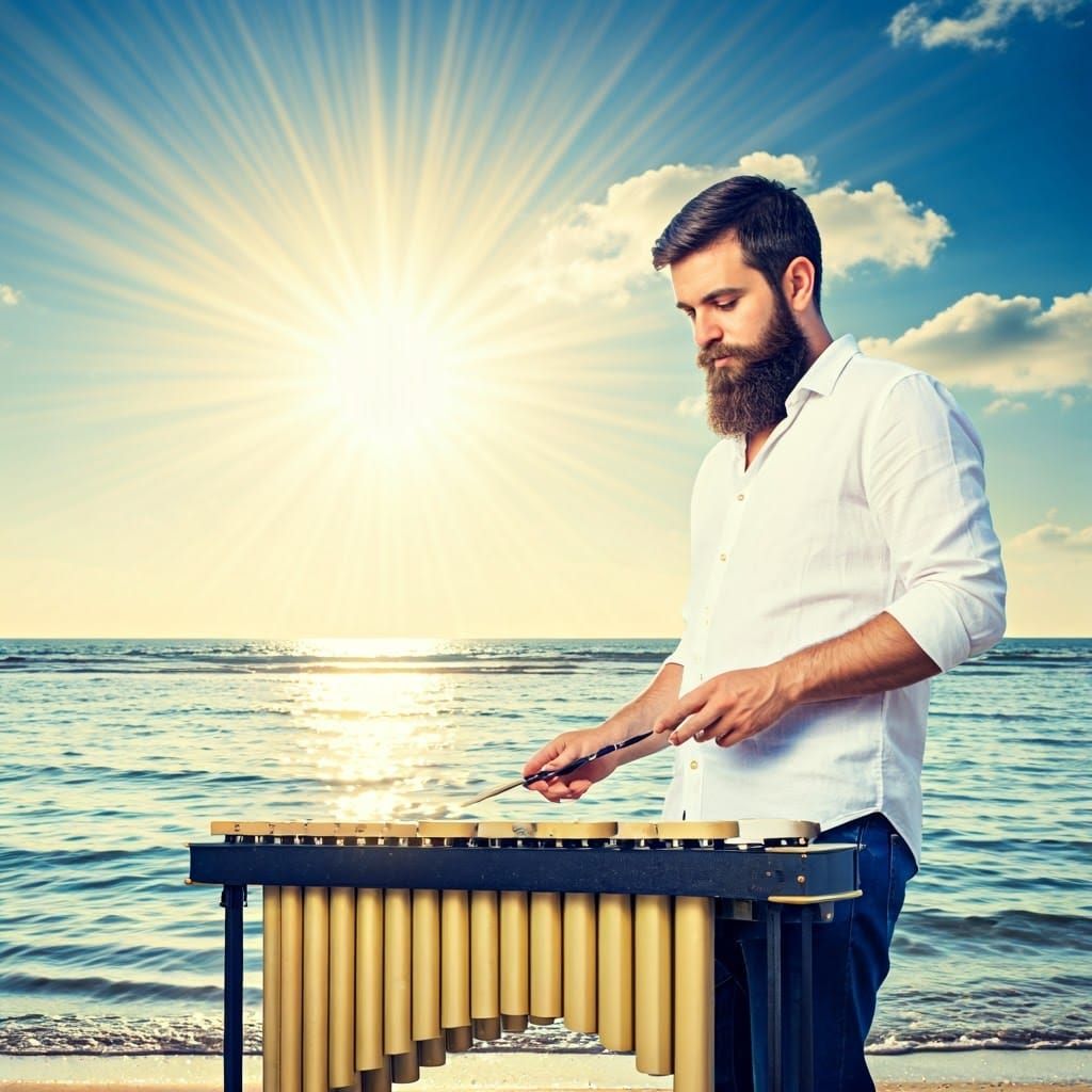 Bearded Jazz Musician Plays Xylophone on Beach