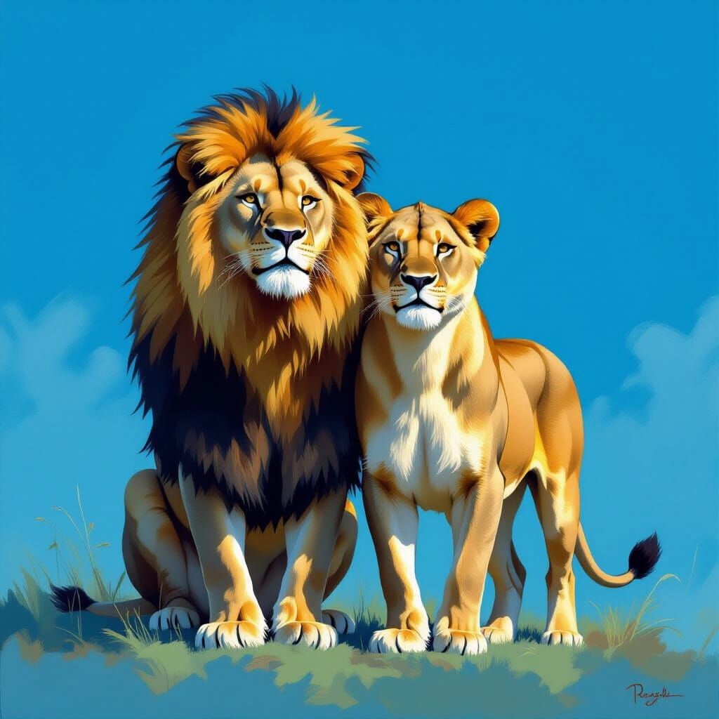 Majestic Golden Lions in Realistic Oil Style