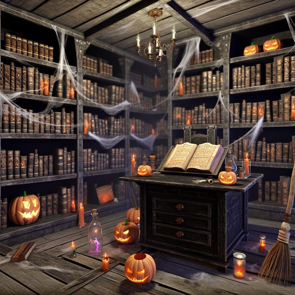 Mysterious Halloween Library with Magic Books