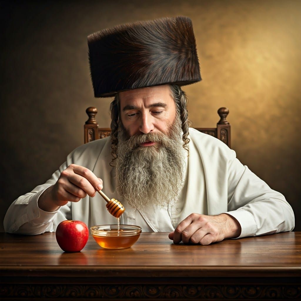 Ultra-Orthodox Jew Dipping Apple in Honey, Fantasy Style