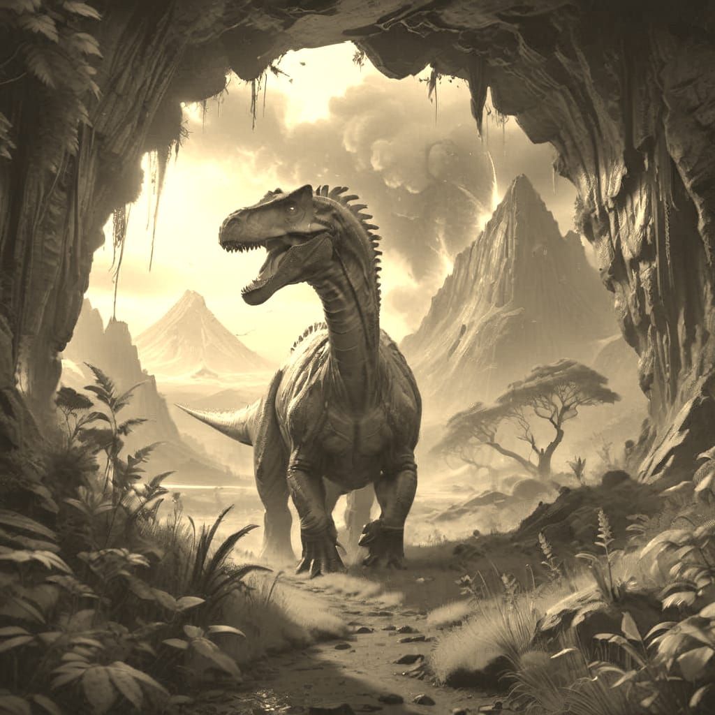 Looking out from a cave to jurassic landscape with brachiosa...