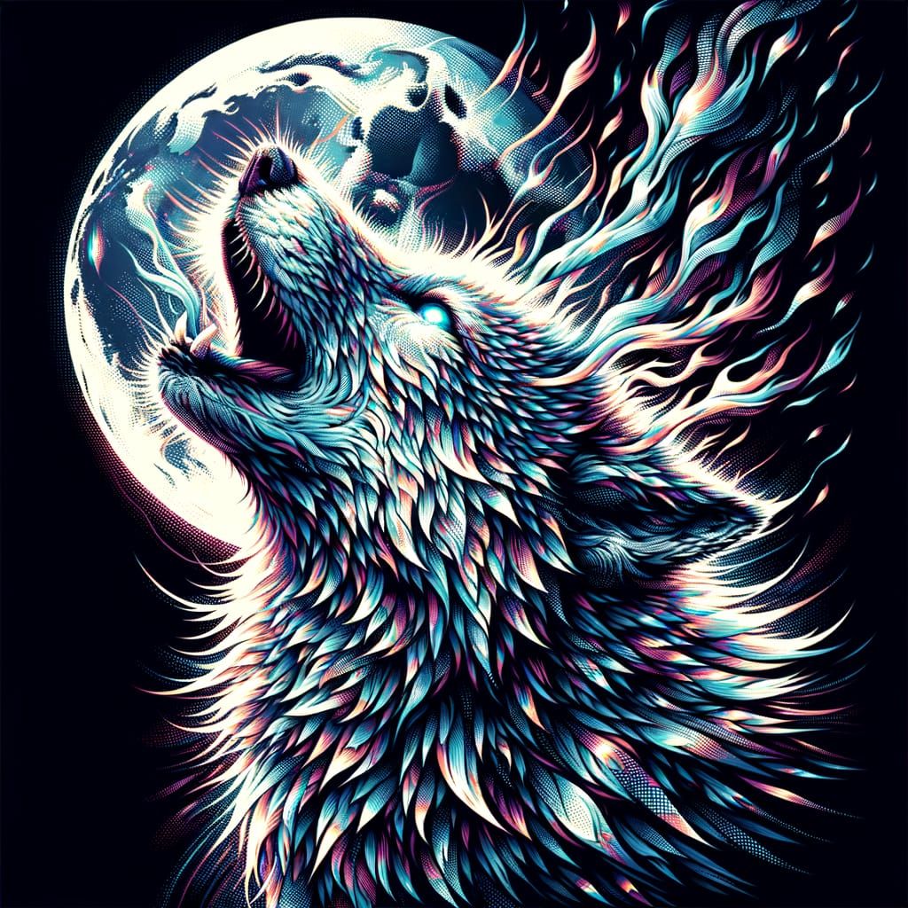 Spectral Wolf Howling at Moon in Glitch Art Style