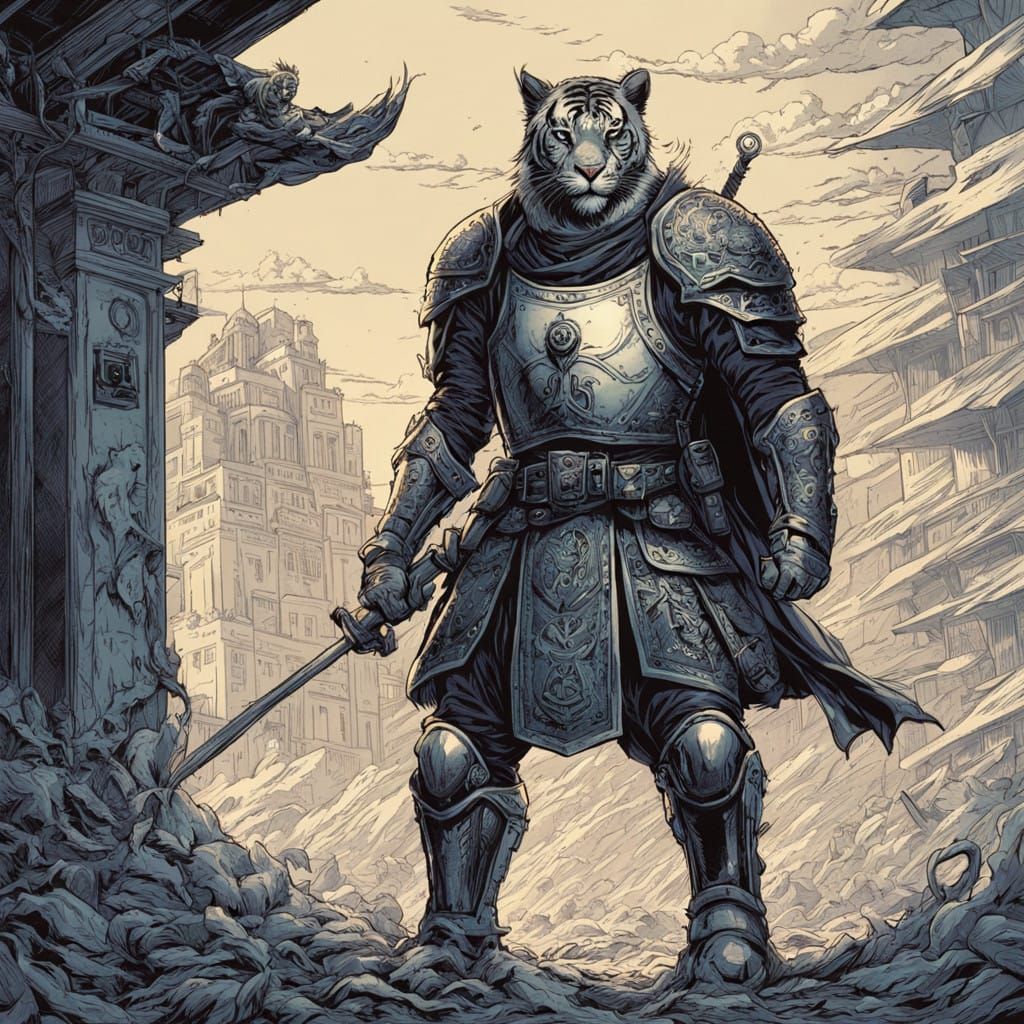 Medieval Knight in Tiger Hide Armor, Forged with Ancient Run...