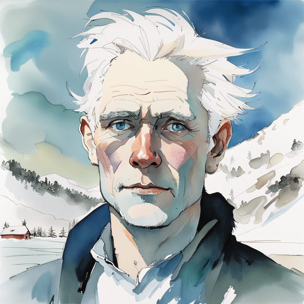 Man Portrait with Snowy Landscape in Watercolor Style
