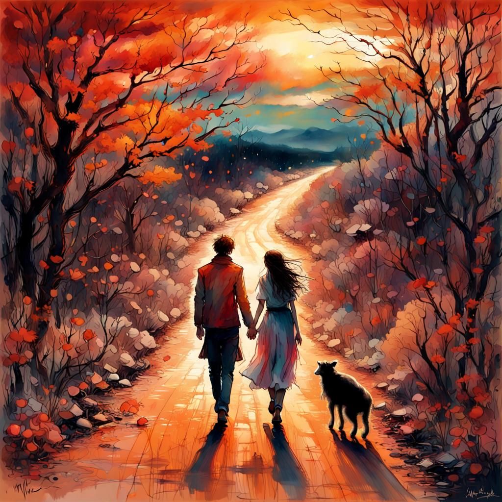 Lovers Walking at Sunrise in Watercolor Style