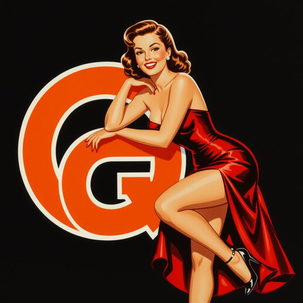 Pin-Up Woman Leans on Stylized Orange G Logo