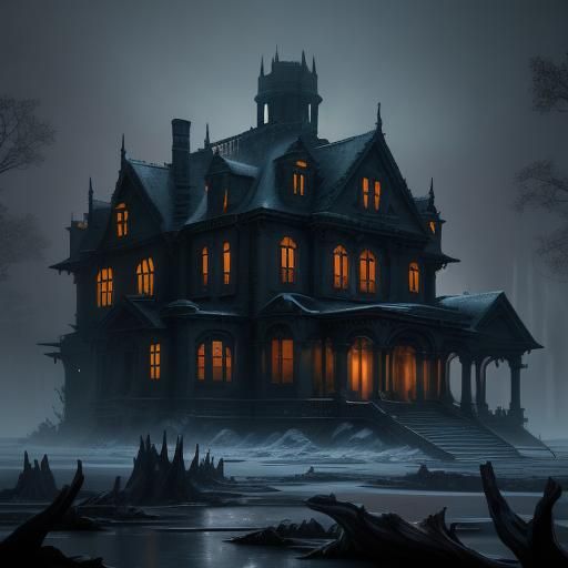Foreboding Mansion Over Frozen Lake at Dusk