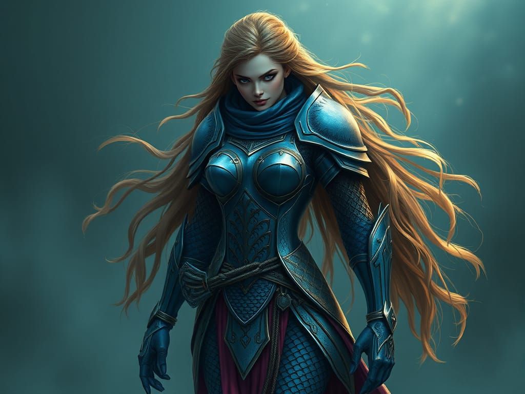 Surreal Mermaid Warrior in Deep Blue Armor