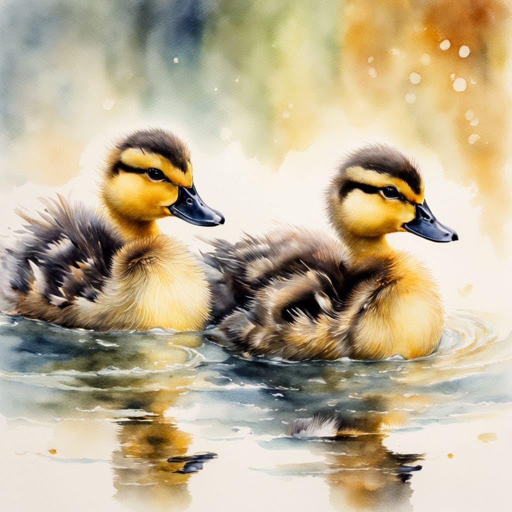 Watercolor Ducklings Swimming in Golden Light