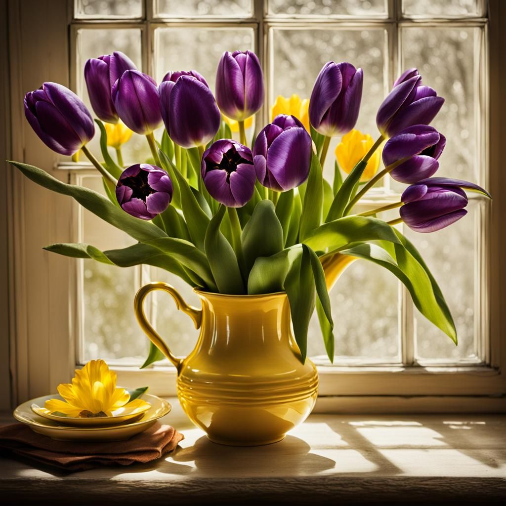Purple Tulips in Yellow Vase Photograph