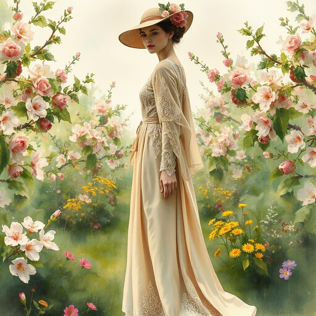 Woman in Orchard as Neo-Impressionist Painting