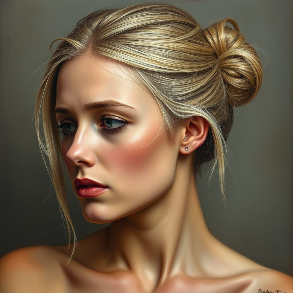 Blonde woman with messy bun, forcibly separated geographically from the man she loves, sad, heartbreak, hyper realism, r...