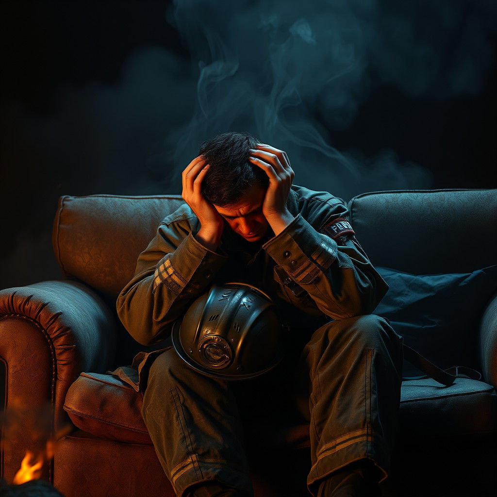 Weary Firefighter in Dystopian Setting as Matte Painting