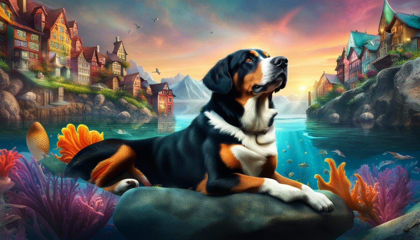 Swiss Mountain Dog Mermaid in Underwater City