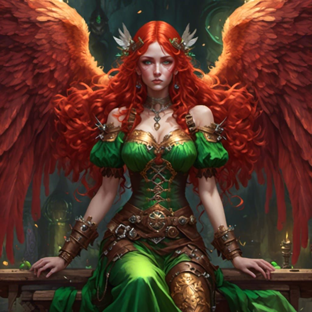 Exotic Red Angel with Green Eyes and Wings