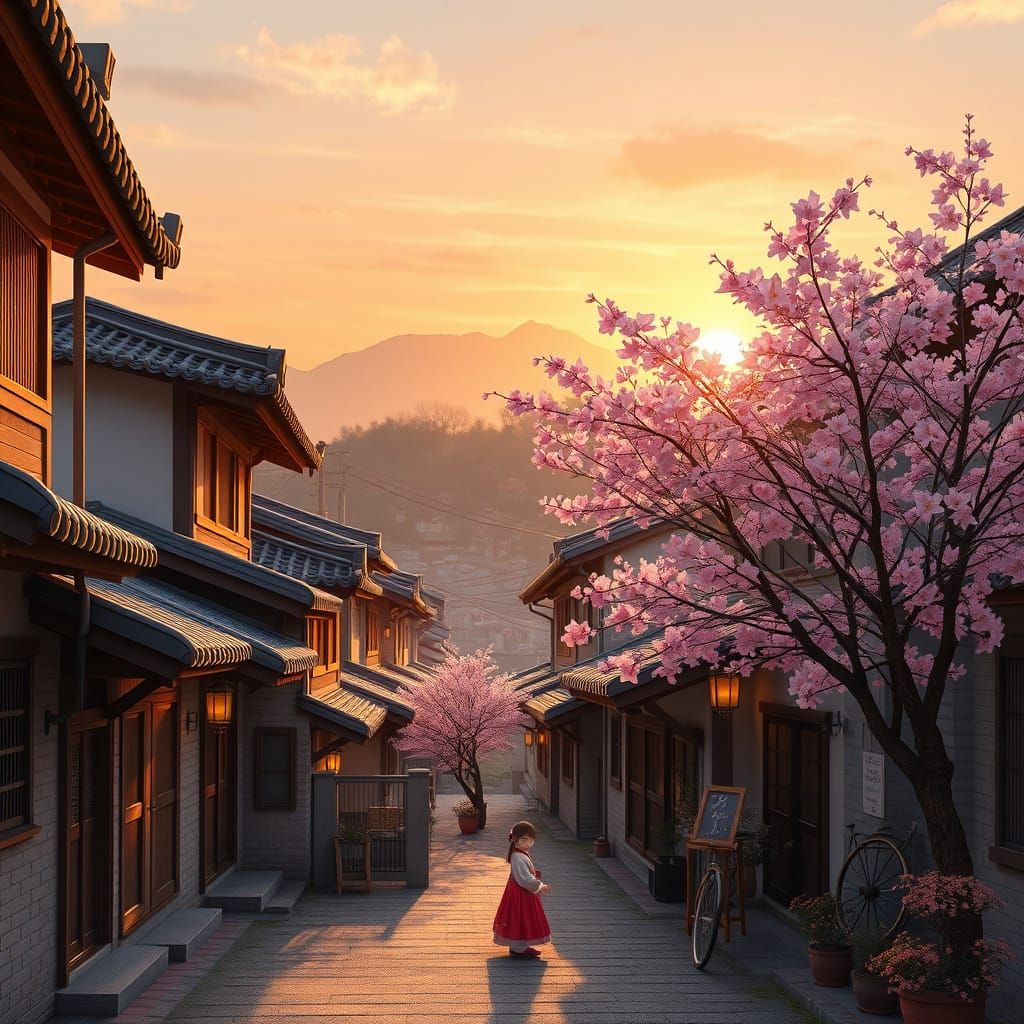 Traditional Seoul Homes at Sunrise in Vibrant Anime Style