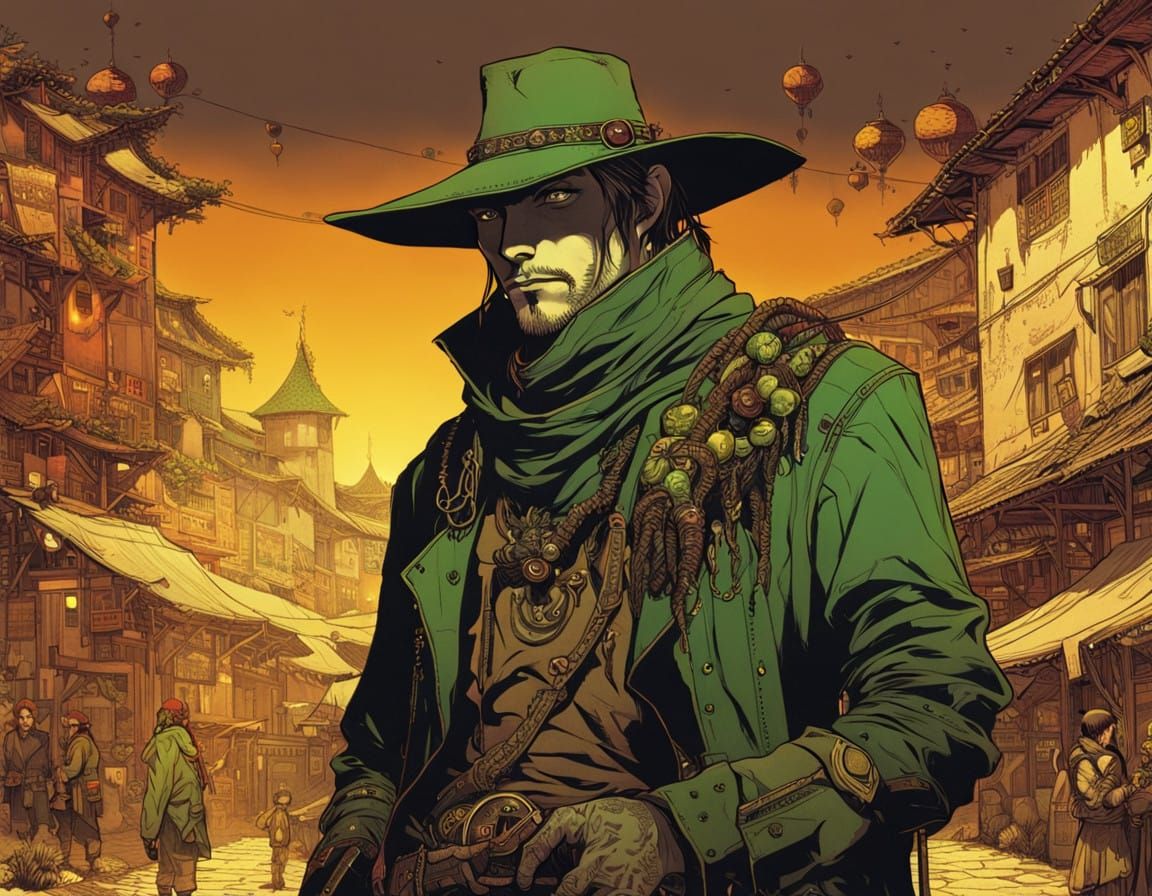 Ethereal Cowboy in a Vibrant Medieval Village
